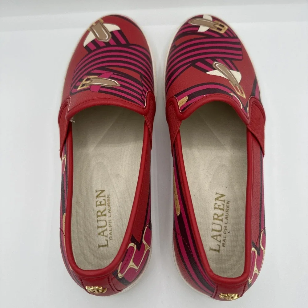 Lauren Ralph Lauren Jinny Slip On Sneakers Red Belting AOP‎ Sz 6 B